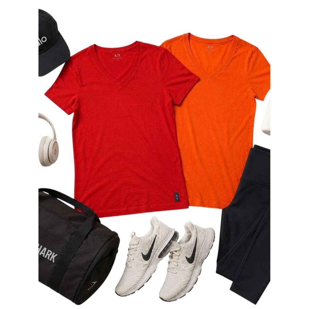 Armani Exchange A|X V Neck Tee Shirt Bundle Red Orange Medium Casual FLAW ON ONE